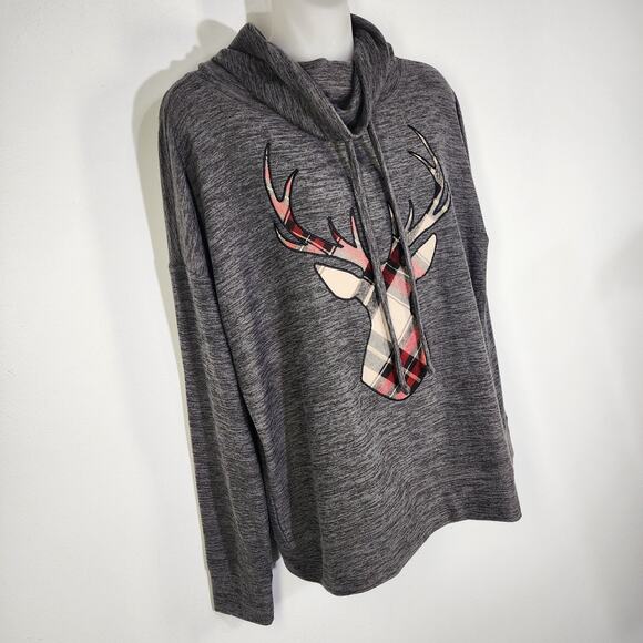 Maurices Womens Sweatshirt Gray Plaid Reindeer Cowl Neck Pullover Cozy Medium - Picture 4 of 11